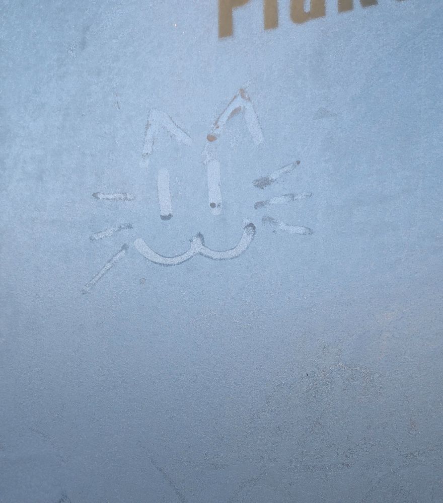 A :3 I drew on an icy glass pane this morning 