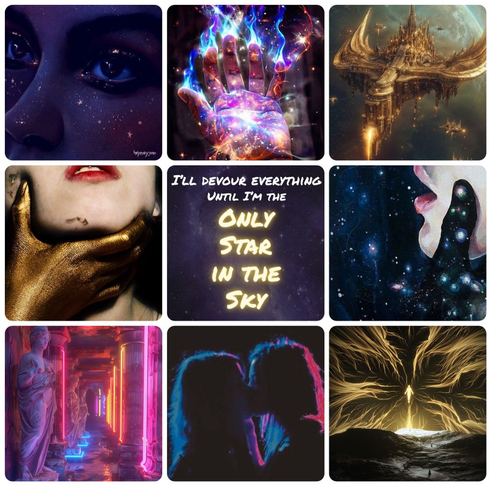 An aesthetic collage for this story idea, featuring neons, sapphics, and space imagery.
