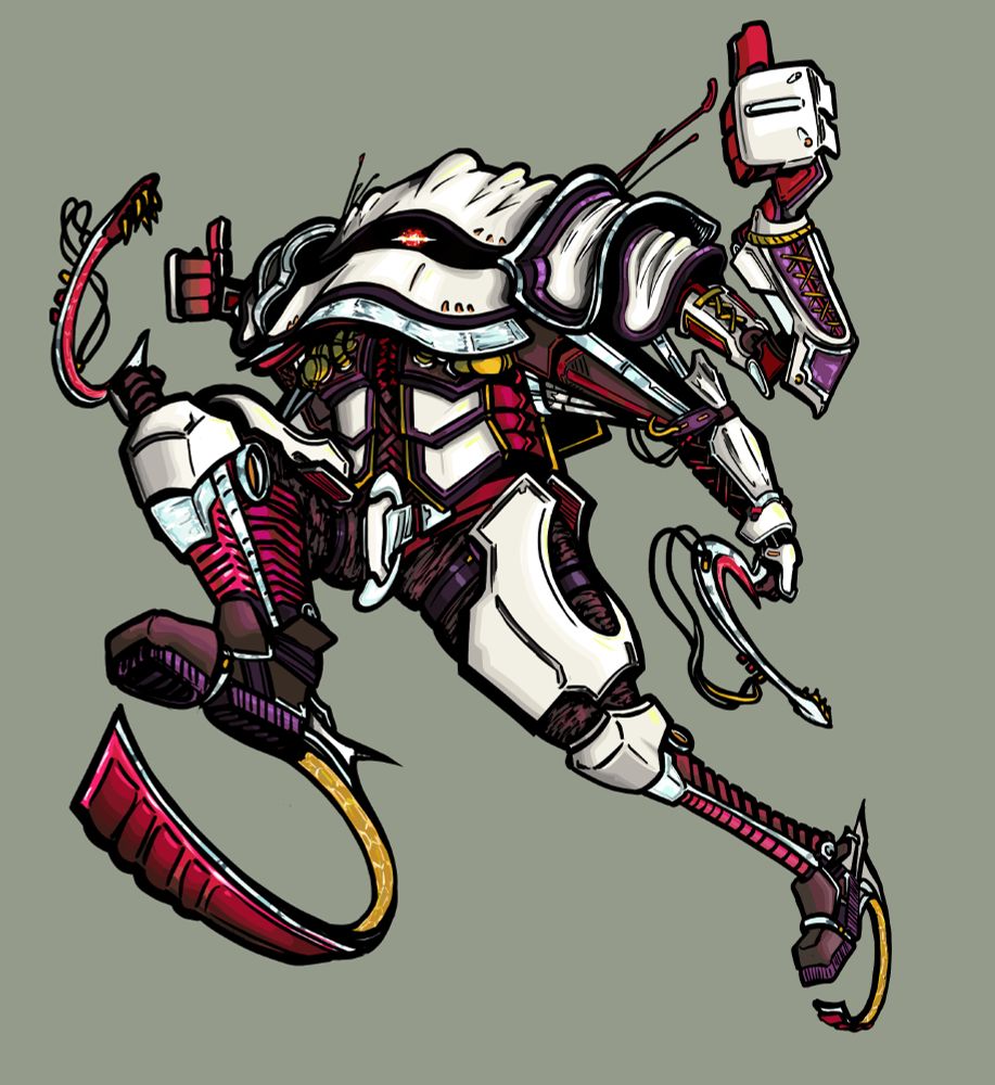 A size 1/2 Red and White frame with running blades, multiple artificial arms, and a pair of sickles.

Wires spill underneath the plates of armor as a singular red eye stares at the viewer, the pilot sprinting past them seemingly.