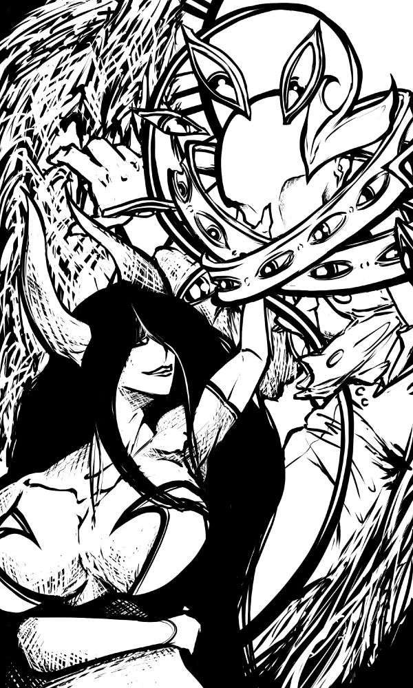 A black and white version of the same illustration, minus the blush lines.