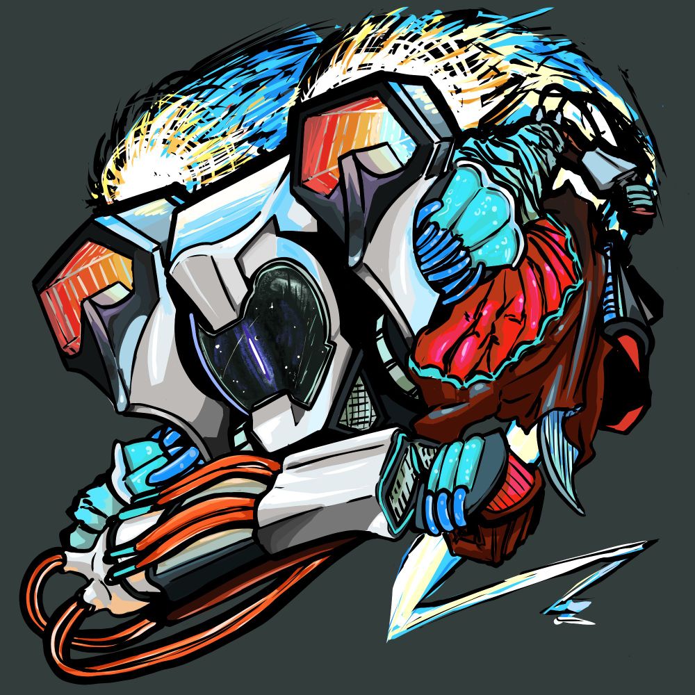 A mostly white and red suit of sleek powered armor, with twin engines atop the shoulders and an enclosed astronaut style helmet, containing a space like vista and solitary optic slit.

It charges forward in a superhero style pose past the viewer, with a comet streak lingering in the distance left by the user.

It has a puffy, cold weather style jacket draped over its torso, fluttering in the wind, as tubes of accelerant and coolant pour forth from its shoulders, elbows, and forearms.