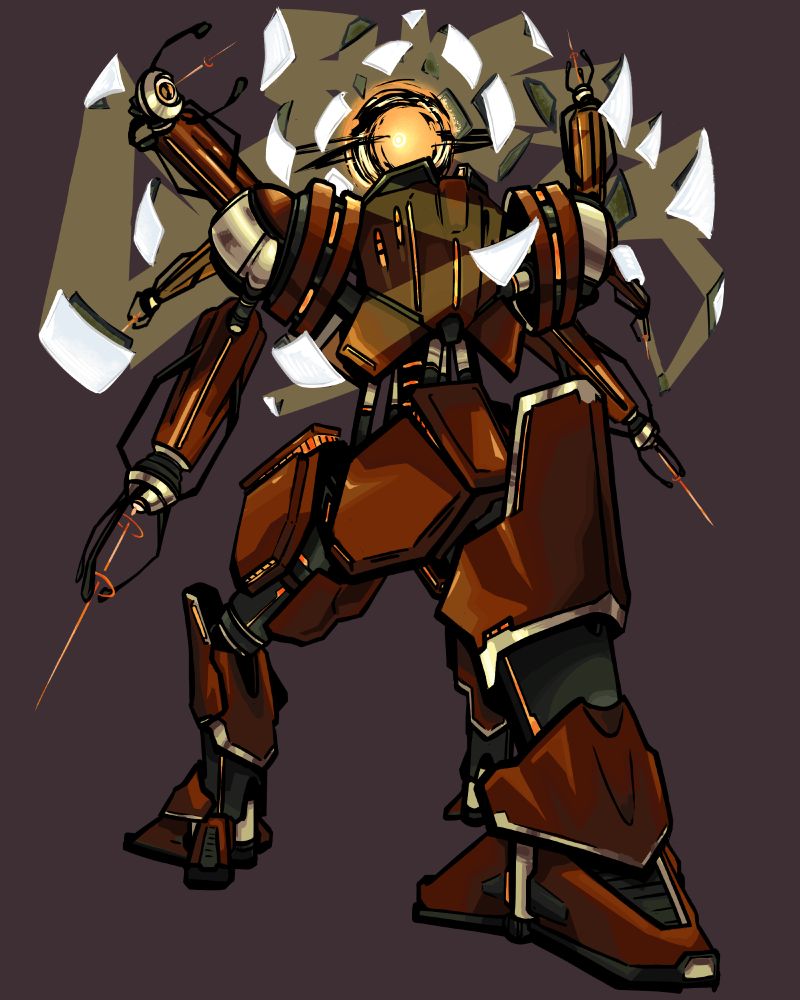 A three legged and six armed colossus of a frame. It's legs spread in a tripod like formation and its arms, tipped with eye like cameras flailing outwards. Tipped with delicate manipulators and emitting reticles.

It's head is a large gravity well, emitting large amounts of light which is reflected amongst a fleet of mirrors surrounding its upper half.

Suspending the torso atop the waist are six pistons and a large glowing central shaft, giving 360 degree rotation to the chest and shoulders.