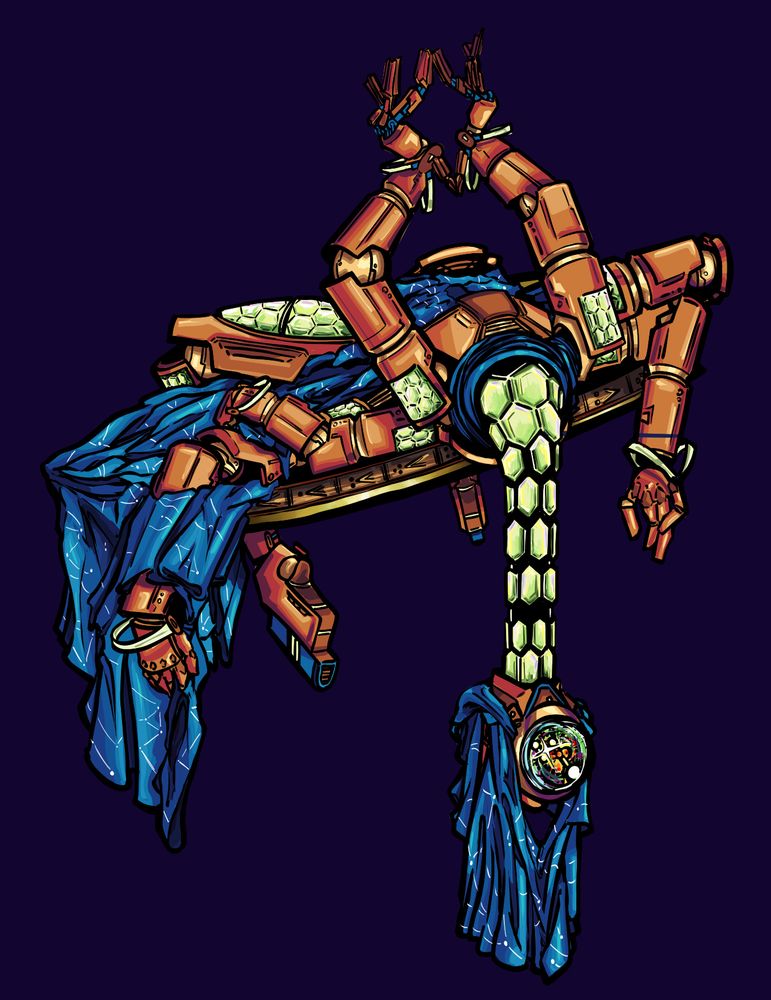 A six armed mech adorned with vibrant blue fabrics lined with stars drapes itself over a large disk suspended in midair. 

Two of its' hands point skyward in an enclosed gesture and the other four lazily fall around it haphazardly.

Sections of it are covered in hexagonal pieces of glass or crystal, with its long neck beginning to stretch under the weight of its head, containing a singular giant lens filled with swirling stars and colors.