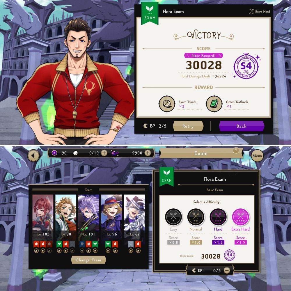 S4 Flora Basic Exam Team: Lvl 105 Dorm Riddle, Lvl 98 Dorm Cater, Lvl 101 Dorm Epel, Lvl 96 Dorm Rook, Lvl 67 Tsum Azul