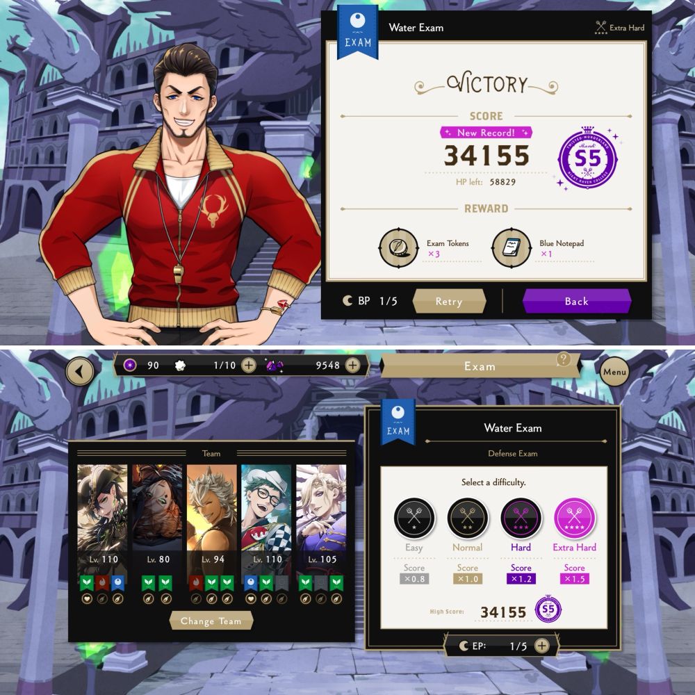 S5 Water Defense Exam Team: Lvl 110 Masq Malleus, Lvl 80 Halloween Cater, Lvl 94 Dorm Jack, Lvl 110 Dorm Trey, Lvl 105 Dorm Vil