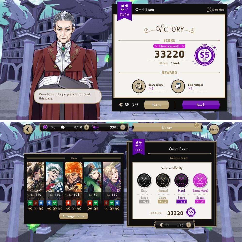S5 Twst Exam Team for Omni Defense: Lvl 110 Masq Mal, Lvl 110 Dorm Trey, Lvl 104 Dorm Idia, Lvl 80 Beans Jade, Lvl 110 Union Vil