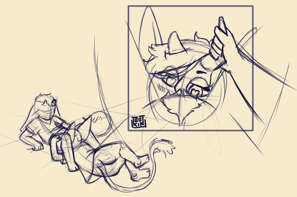 sketch of two goblins wearing only a tunic, one is giving head to the other. A close up shows the point of view of the one receiving, her hand firmly holding the other's head by the horn