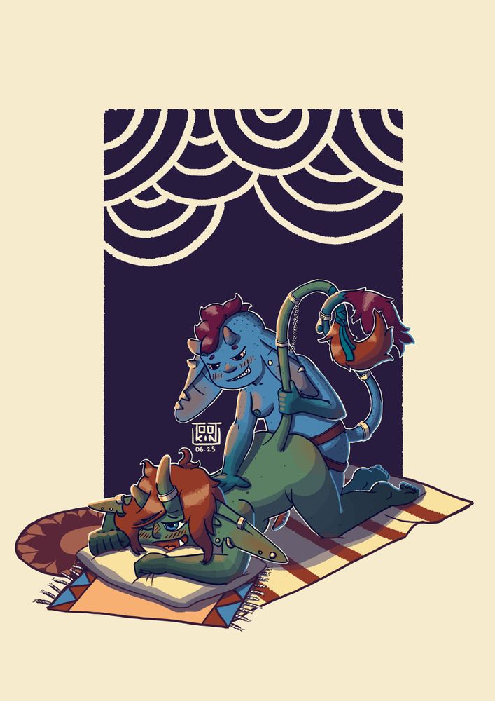 A blue, naked, goblin with short hair is kneeling behind her green, also naked, gob-friend on all four, holding her tail up and her back down as she peg her with a strap-on. Their tails intertwines. The green goblin has her head half buried in a pillow, she seems to be enjoying herself a lot.