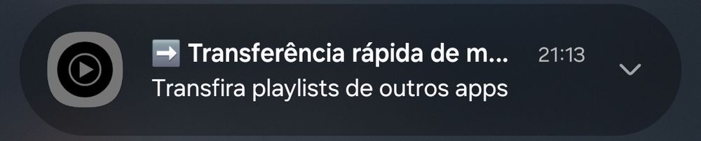 Print de notificação do YouTube music que oferece a transferência de playlists de aplicativos de streaming de musica