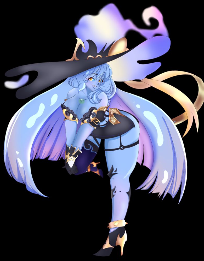 Illustration of Neba Natsuki (blue slime girl) leaning forward and squishing her honka bonka badonkas together
