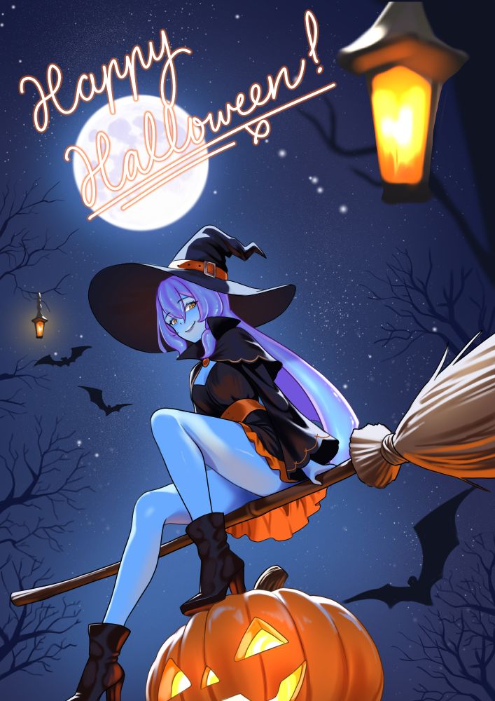 Image of Neba Natsuki, a blue slime girl, dressed as a witch for Halloween, riding on a broom and sittng over a Jack-o-Lantern