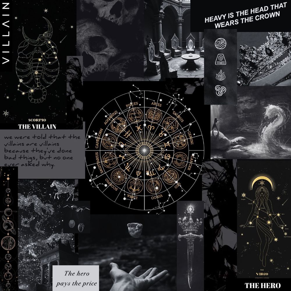Collage of images, zodiac wheel, solar system planets in a straight line, scorpio constellation, virgo constellation, text saying the villain and text saying the hero