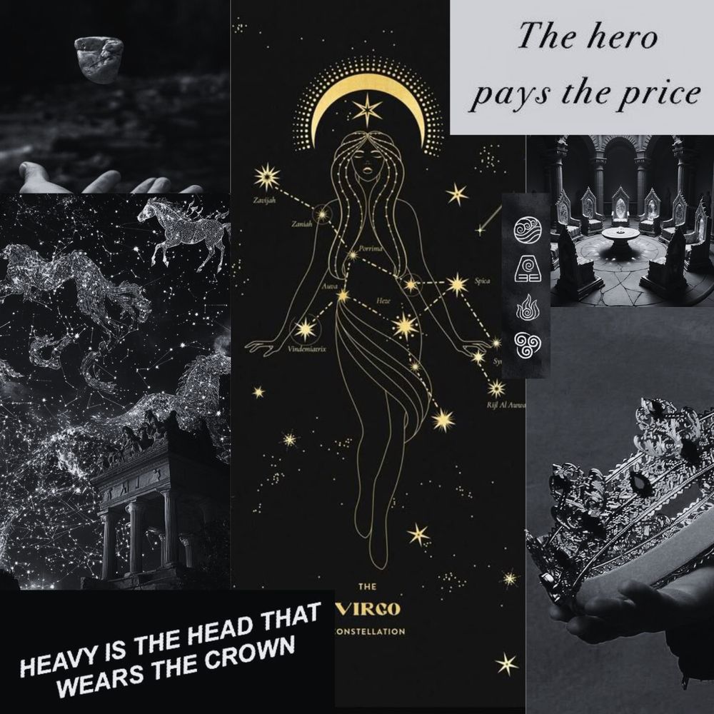 Collage of images, rock floating, constellations, virgo constellation, crown, council room, text saying heavy is the head that wears the crown, text saying the hero pays the price 
