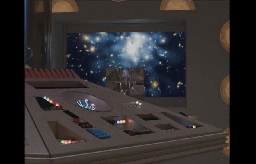 A 4:3 Render inside the TARDIS, the Key to Time sits on the console infront of a monitor displaying a starscape.