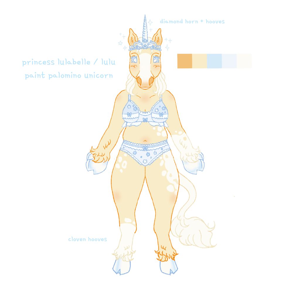 palomino anthro unicorn wearing a pastel blue tiara and lingerie with flower details 