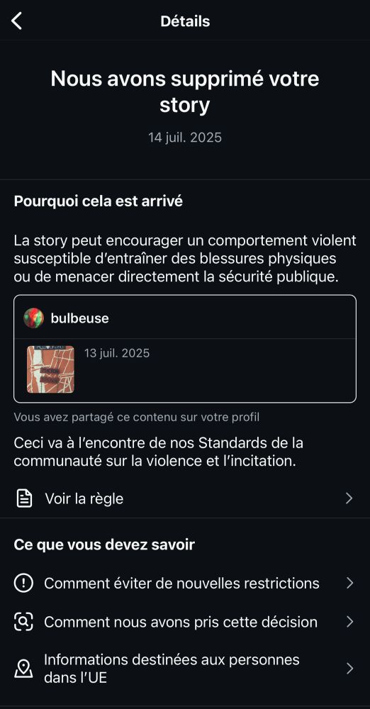 Story modérée par Instagram pour violence et incitation 