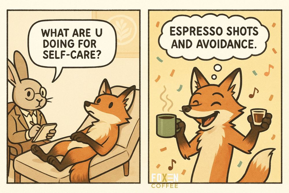 Rabbit therapist to fox: What are u doing for self-care?

Fox thinks: Espresso shots and avoidance