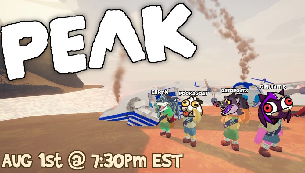Promo pic for the game Peak. All of the streamer's characters heads are pasted onto the bodys of four silly little Scout characters who crashed their plane. Art for Erryx, Pookagoat, and Ginjivitis all done by Pookagoat. Art for GATORGUTS done by @restinwirf.bsky.social!