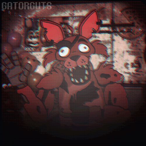 Original text says "Hi, welcome to Chili's" in a small font. Video is a GIF to mp4 which shows an animated drawing of Foxy the Pirate from FNAF / Five Nights at Freddy's. He is slowly waving at the viewer with his mouth agape and eyes blank and dead.
