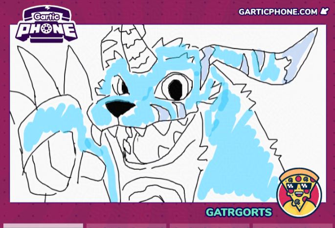 A very scribbly doodle of a Gabumon happily waving. The picture is surrounded by the gartic phone game image border.