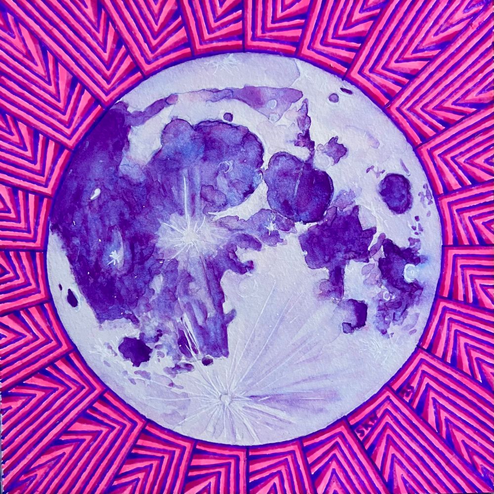 Watercolor painting of the full Moon in shades of purple surrounded by a radiating geometric pattern in pink and purple.