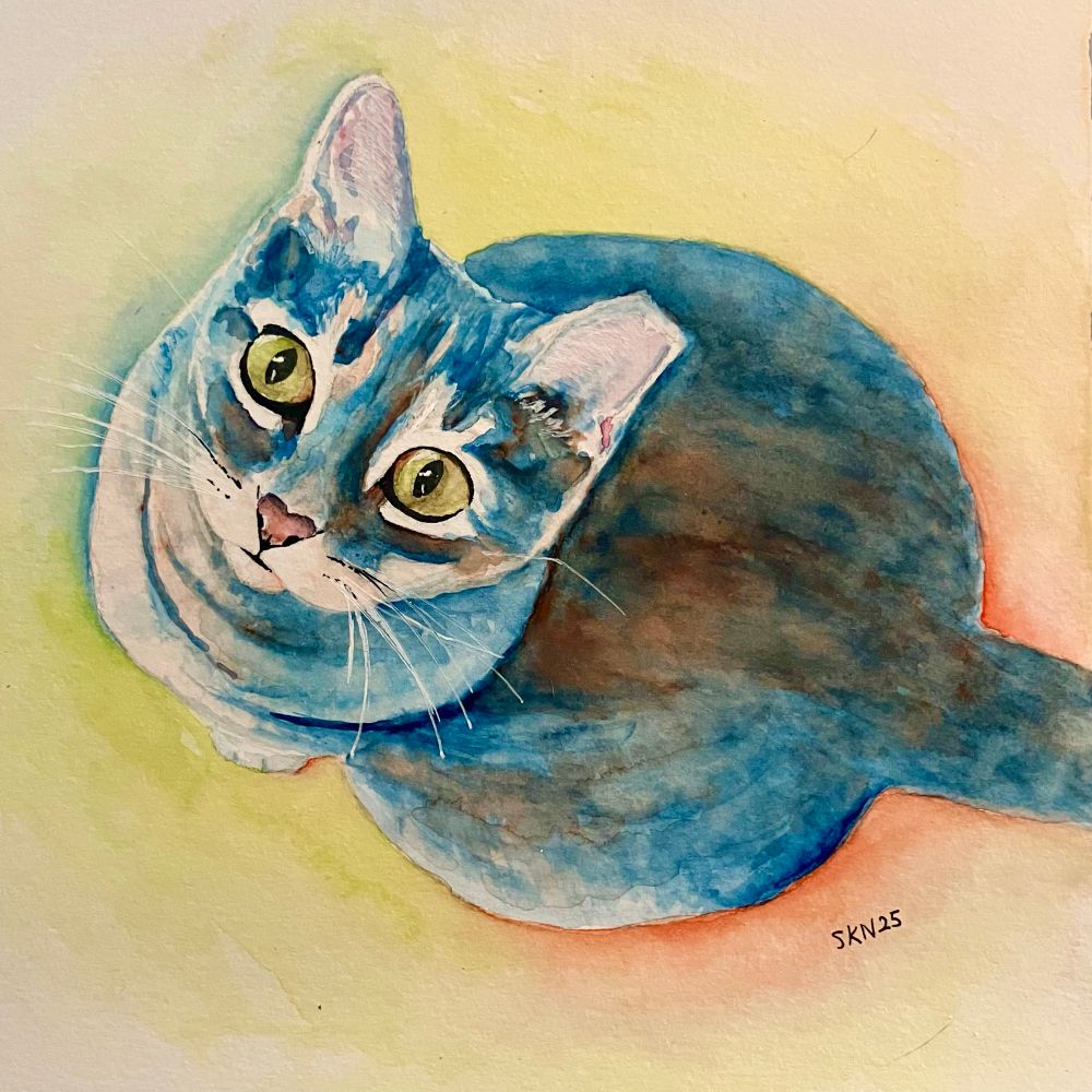 A watercolor painting of a tabby in shades of blue and orange 