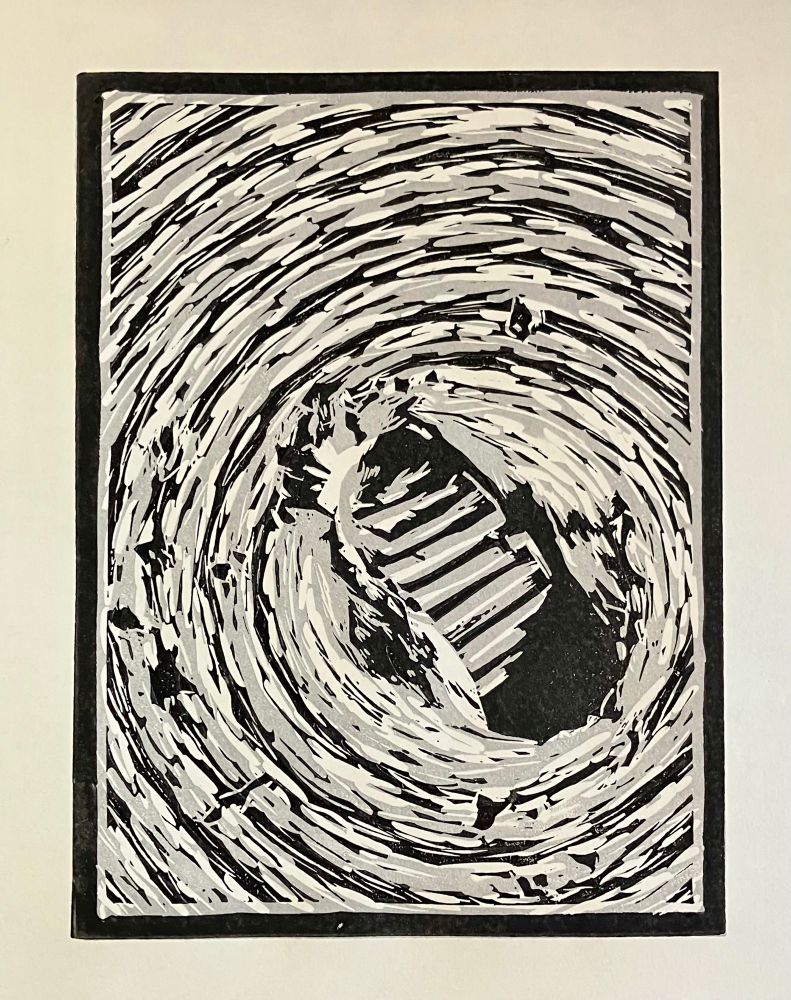 Grey and black linocut print based on the famous Apollo 11 footprint image. 