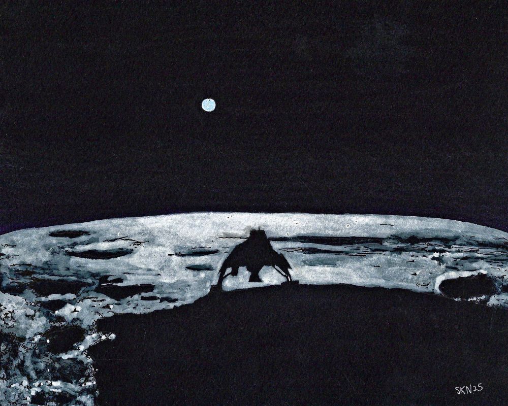 Oblique view of the Moon’s surface with the shadow of the Blue Ghost 1 lander in the foreground and the Earth hanging above in the background. Painting based on one of the first images released by the lander team.