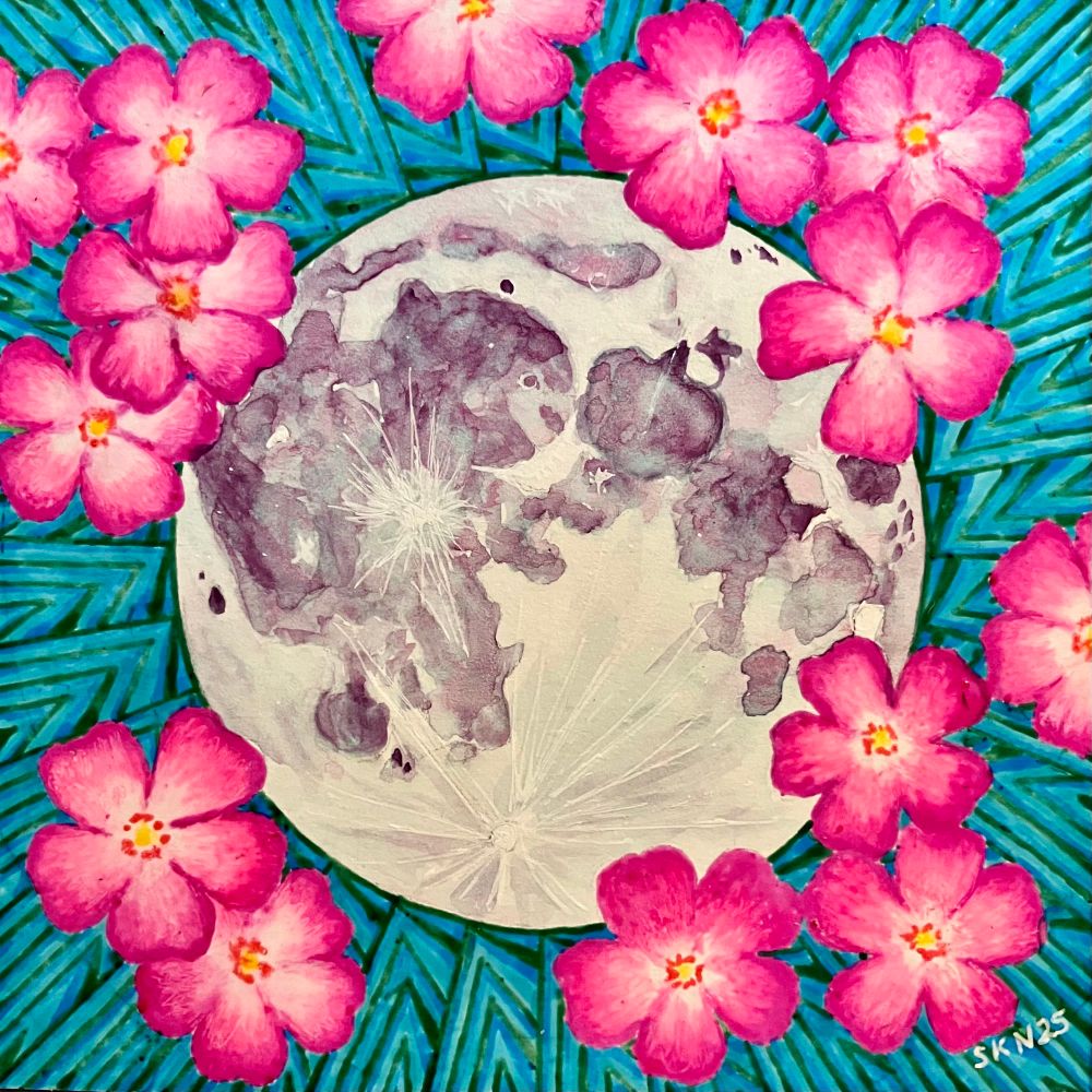 A watercolor Moon in shades of pink blue and purple is surrounded by pink phlox flowers against a blue and green radiating background. The flowers and background are rendered with gel pen.