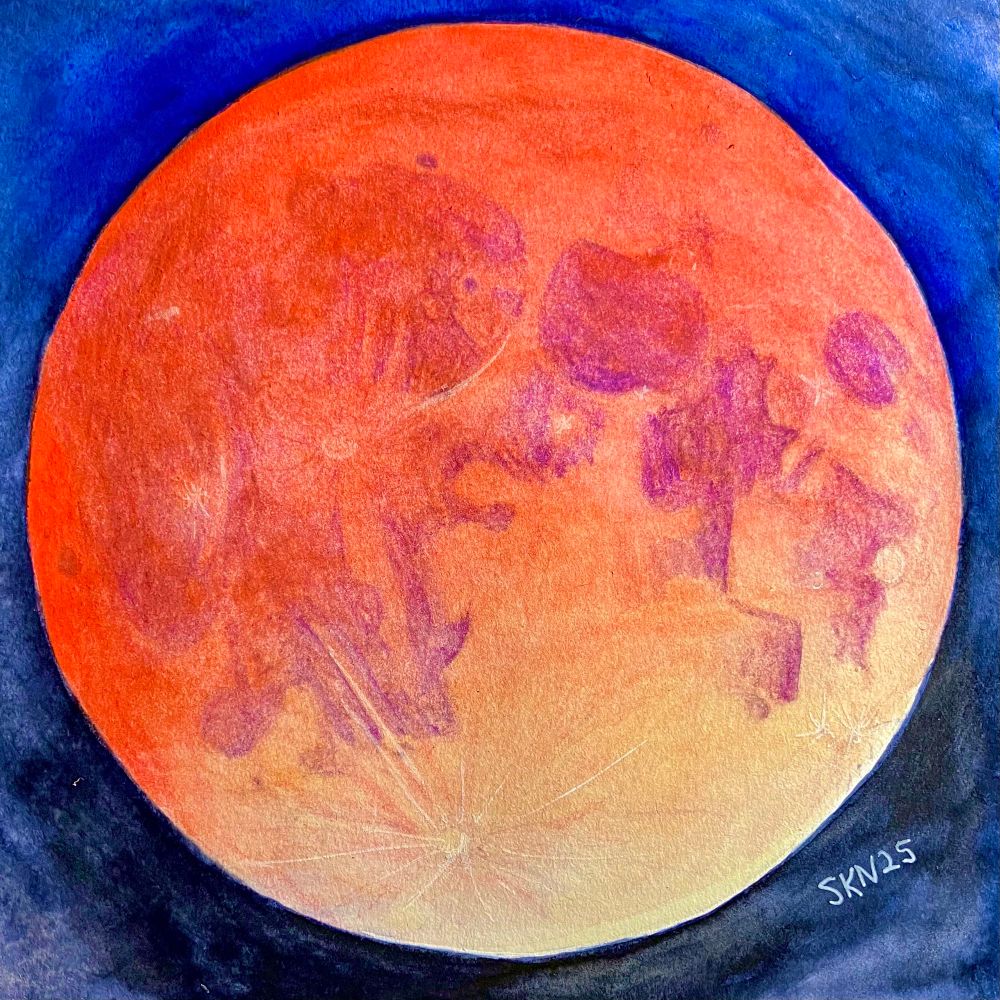 Watercolor painting of a reddish orange Moon, sometimes called a “blood Moon”, which is caused by sunlight being filtered and deflected through the Earth’s atmosphere during a lunar eclipse.