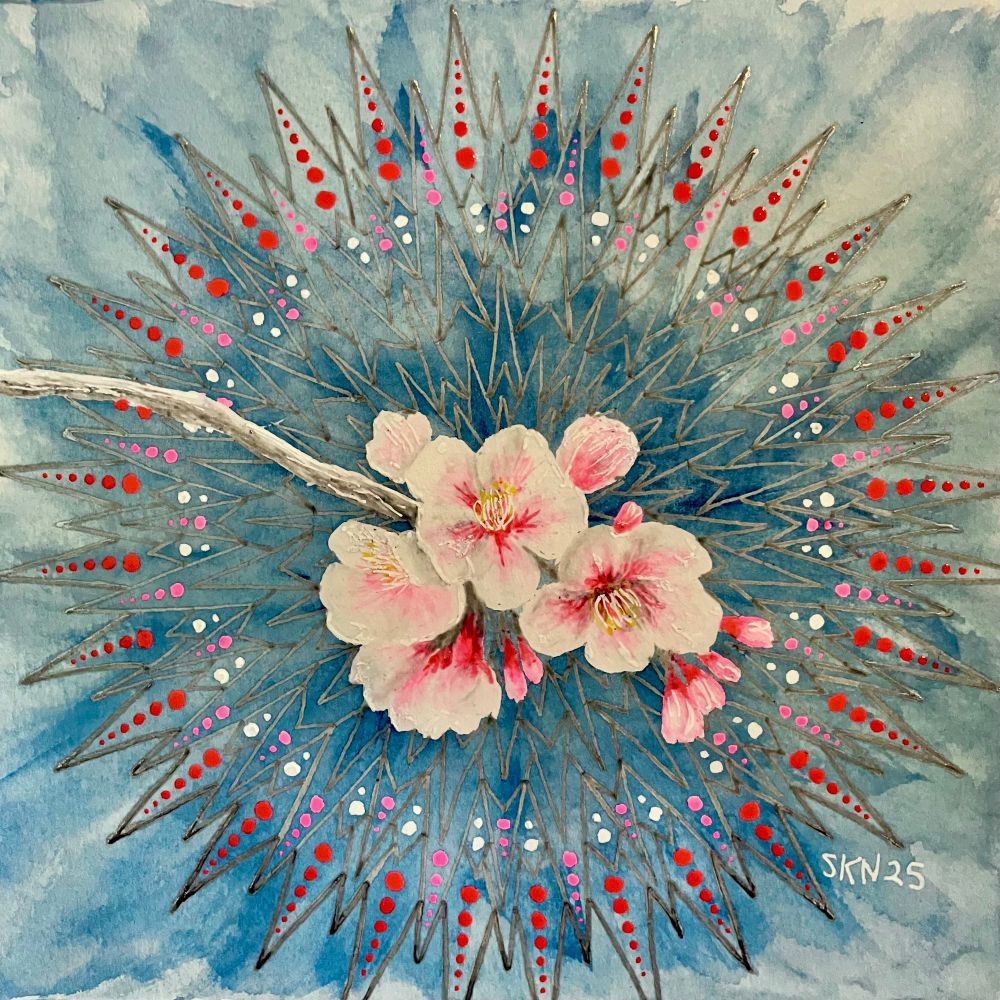 Watercolor painting of a branch of cherry blossoms with a mandala motif
