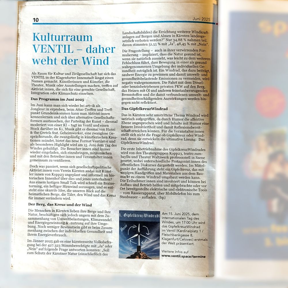 Foto des Artikels über das GipfelkreuzWindrad mit dem Titel "Kulturraum VENTIL - daher weht der Wind.