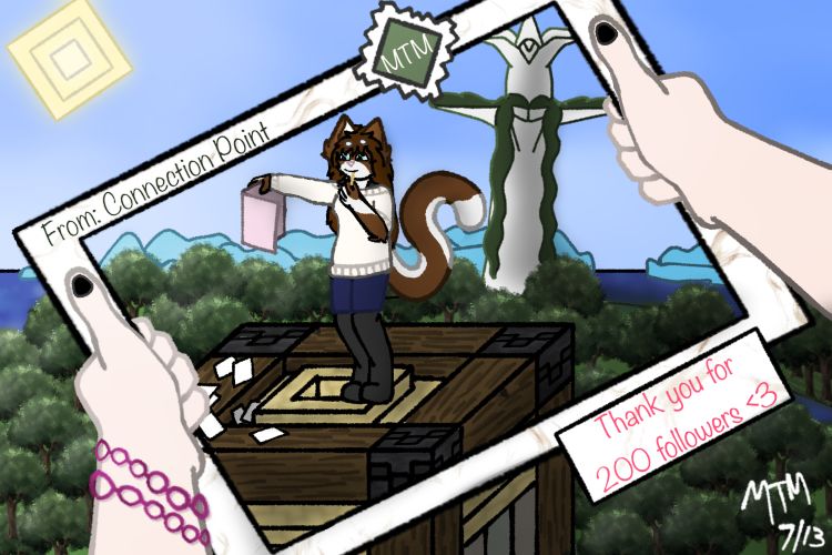 Art of my fursona Willow standing on top of a wooden building, with a giant tree in the background and a postcard frame being held by my partner InRavensWake in the foreground. The frame reads "Thank you for 200 followers <3" in the bottom corner. Completed July 13th, 2023!