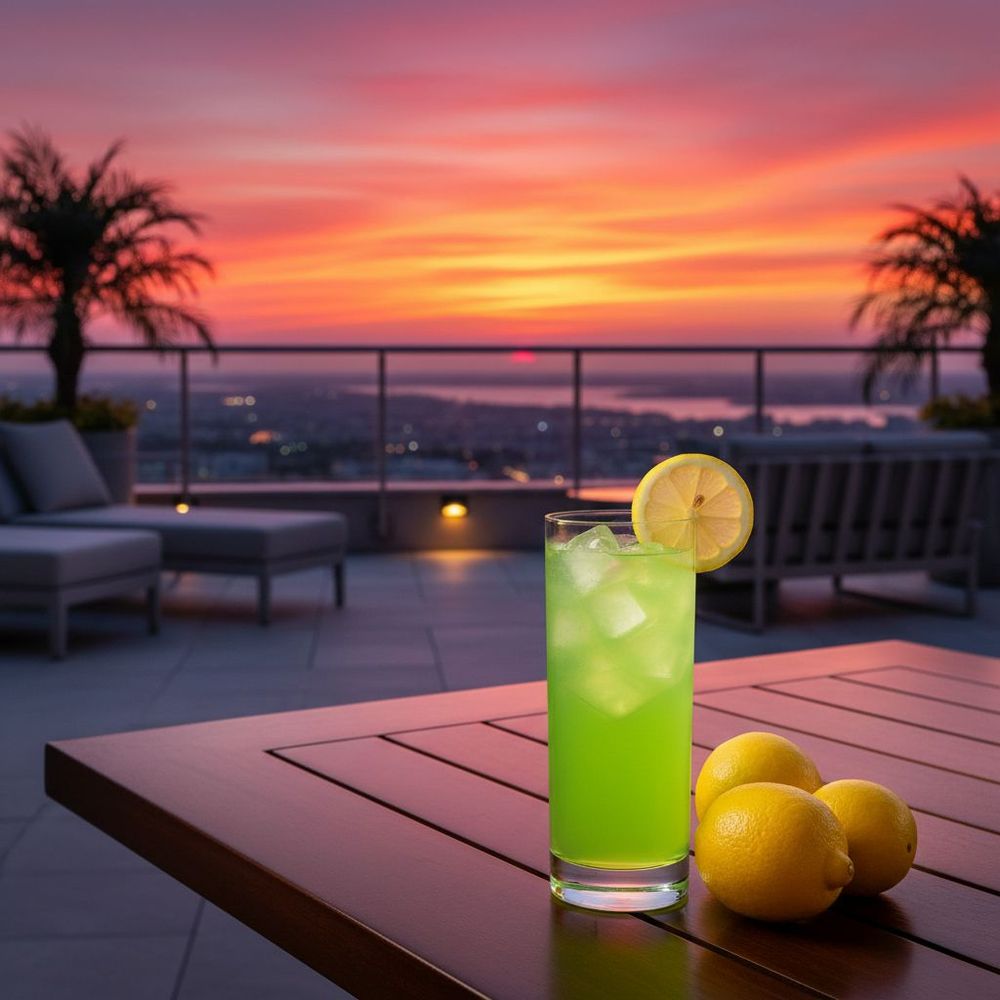 Neon green Midori Sour cocktail in a collins glass with lime garnish