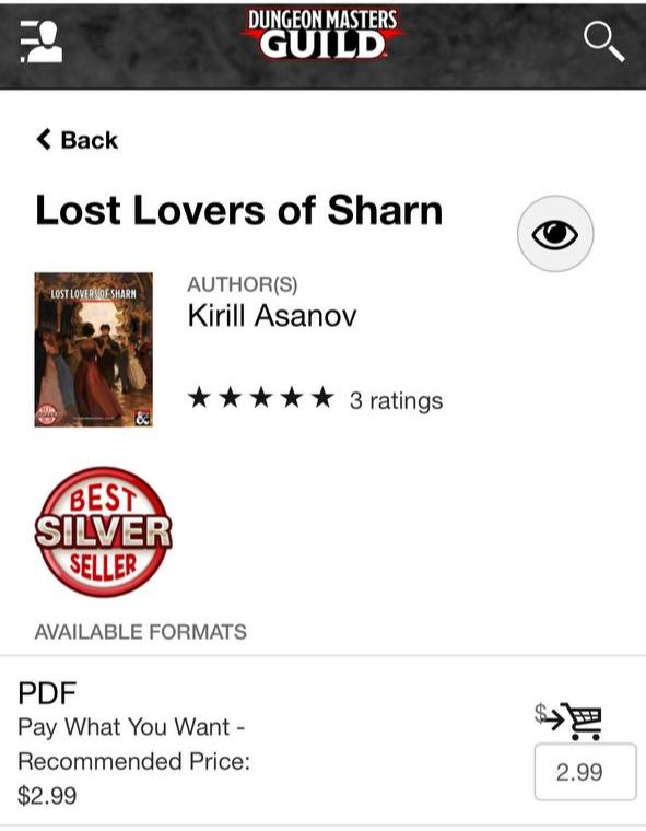 Screenshot of DMsGuild, showing an adventure module "Lost Lovers of Sharn" with a "Best Silver Seller" badge.
