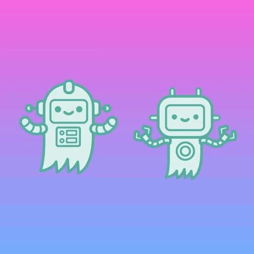 a cartoon drawing of a robot and a ghost on a pink and purple background