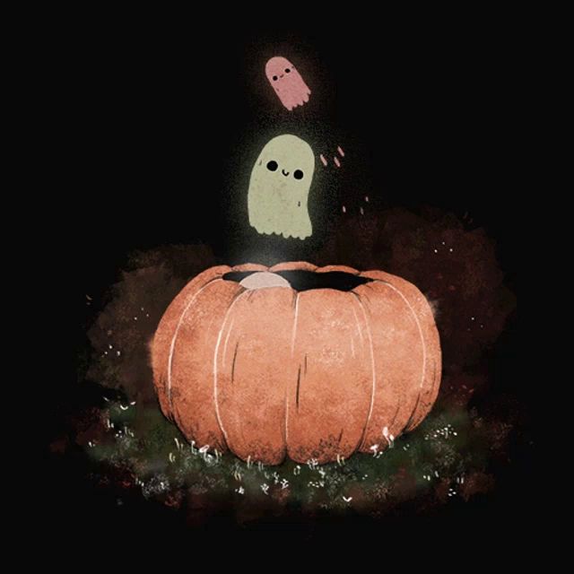 two ghosts are flying out of a pumpkin in the dark