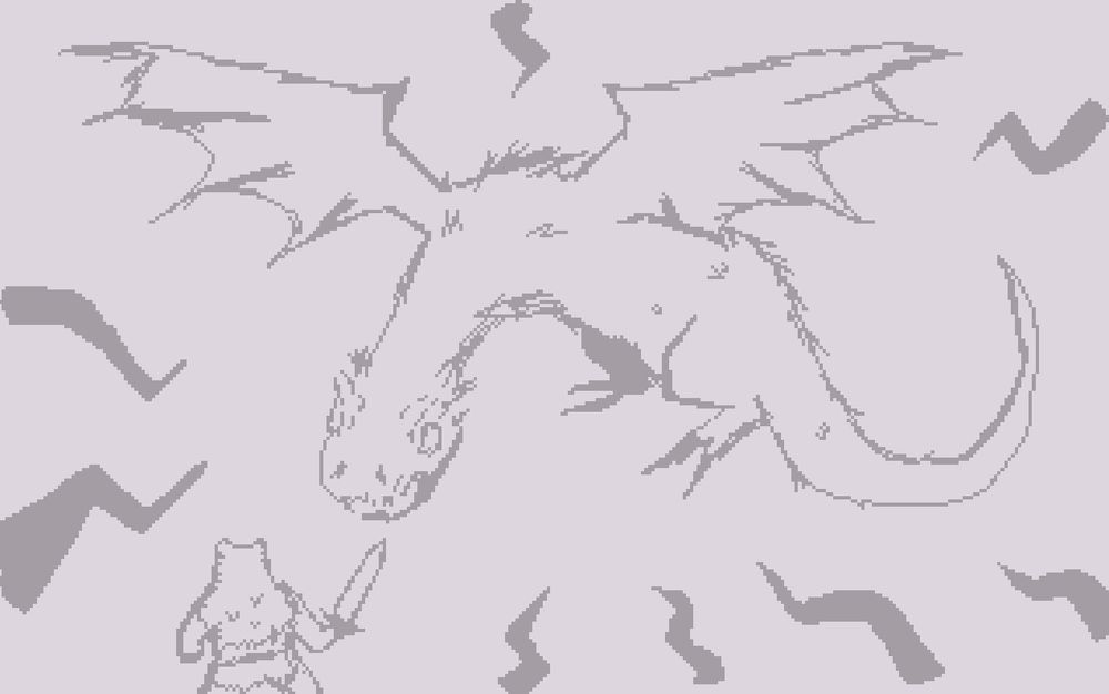 A berserker with a sword (bottom left) facing a wyvern (center)