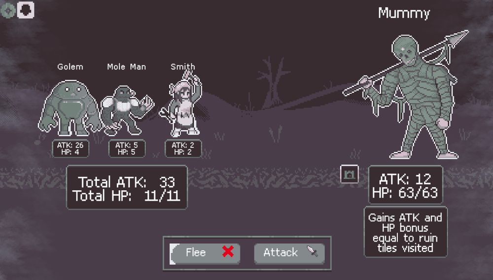 Heroes to the left, with stats below them, mummy to the right, green, big, holding a spear, with stats below it an an effect: "Gains ATK and HP bonus equal to ruin tiles visited". The bottoms at the bottom say Flee and Attack, it's a desert map.