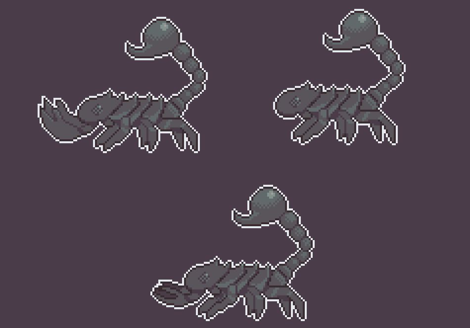 Three variations of a dark, smaller scorpion. Top left has big claws, top right has no claws, and bottom one has medium / small claws.