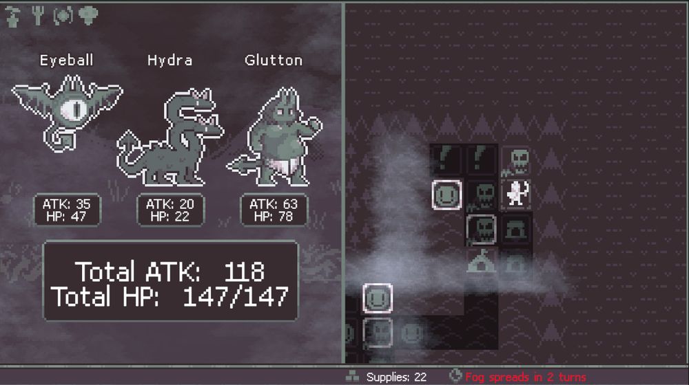 Three characters to the left drawn in pixel art, Eyeball, Hydra and Glutton from the game Heroes Against Time! Relics at top left, stats to the left, supplies and fog timer at the bottom.