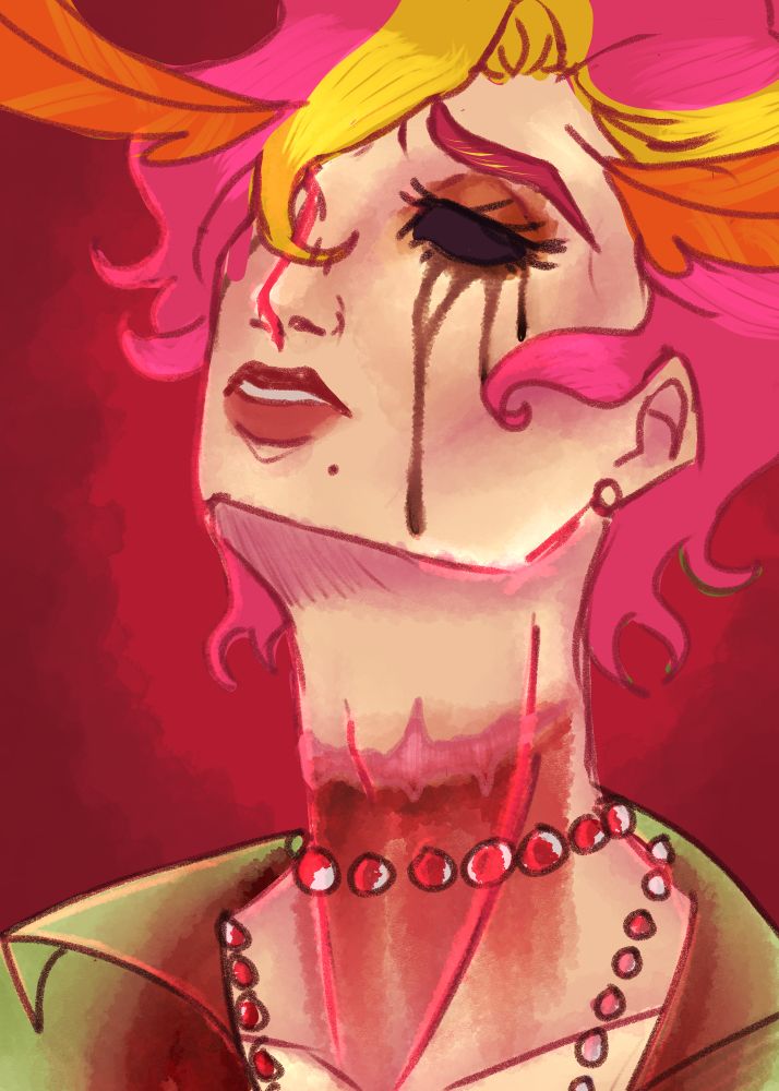 A pale man with pink and yellow hair and orange moth antennae looks up in defeat. Mascara runs down his cheeks. Across his throat is a scar, blood running down and staining his pearl necklace.