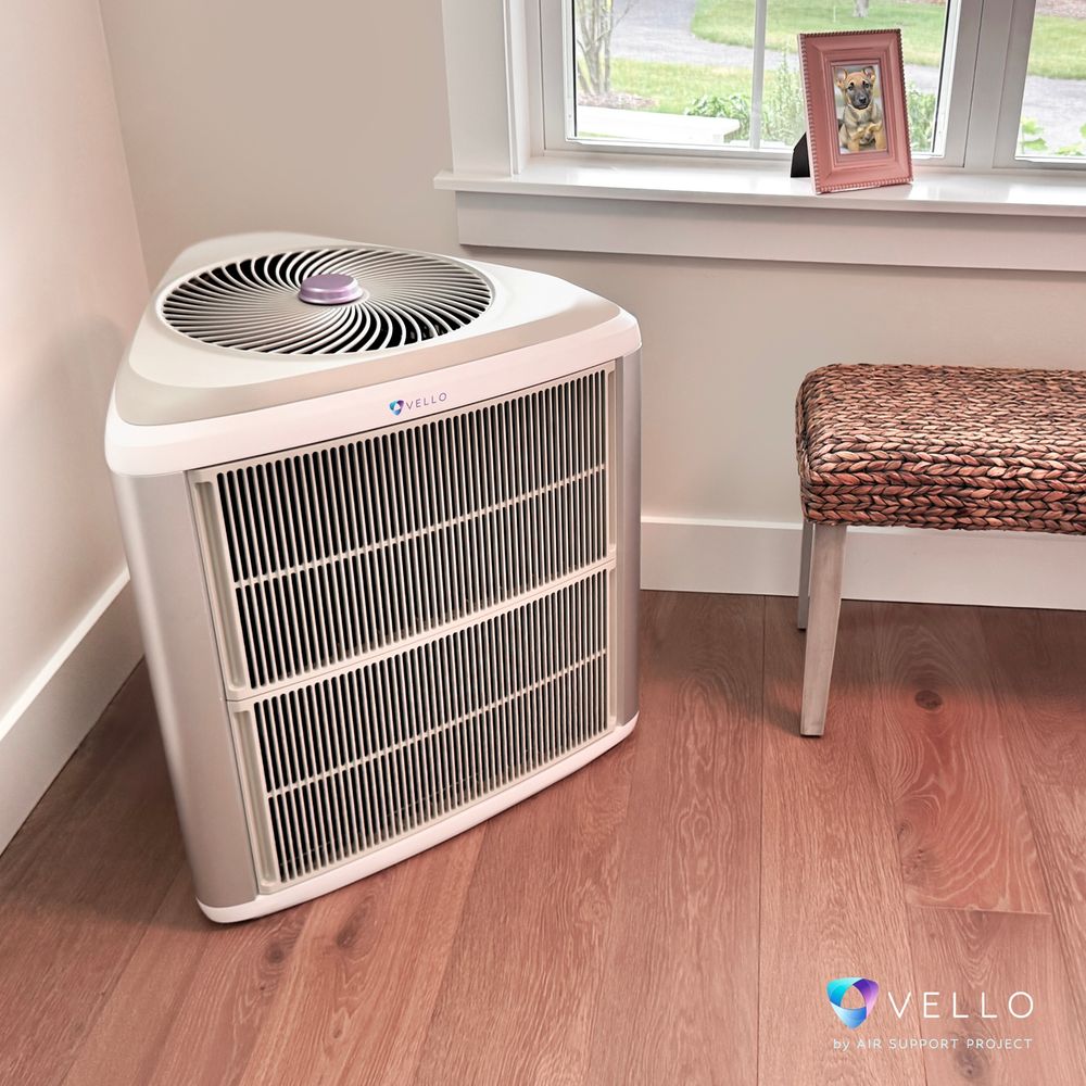 A glamour shot of Vello, a triangular, MERV 13-based powerhouse of an air purifier