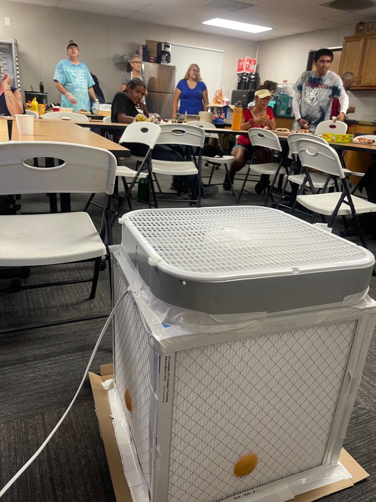 A Corsi-Rosenthal Box in action in one of Phoenix's Heat Relief Network Cooling Centers.