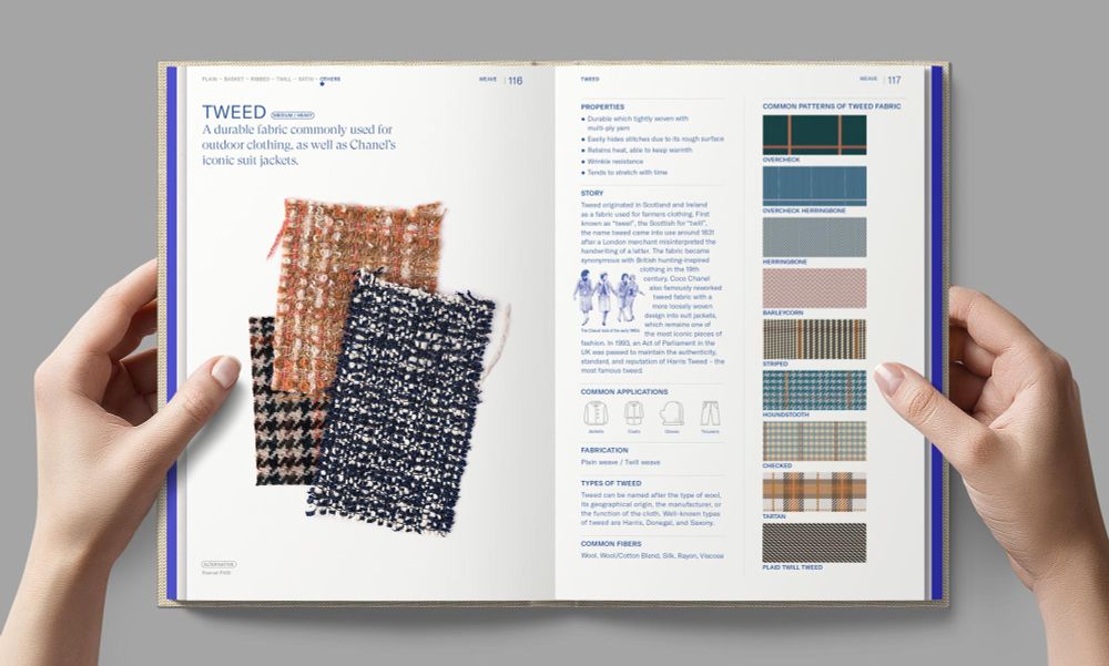 screenshot of a page of textilepedia the complete fabric guide, the entry it's open to is tweed