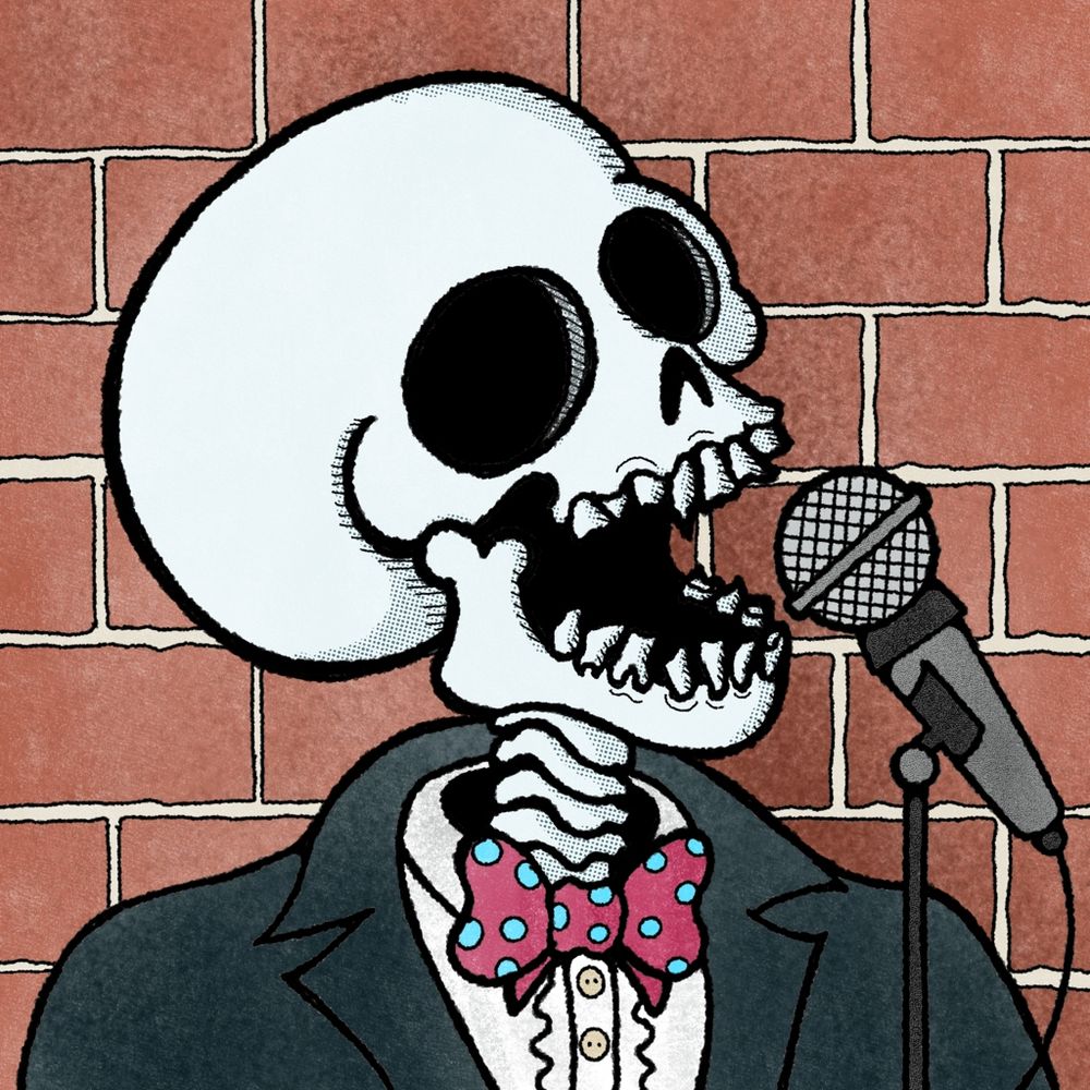 The same skeleton from the first picture, but we're in tight now, showing him telling jokes into the mic from the shoulders up. 