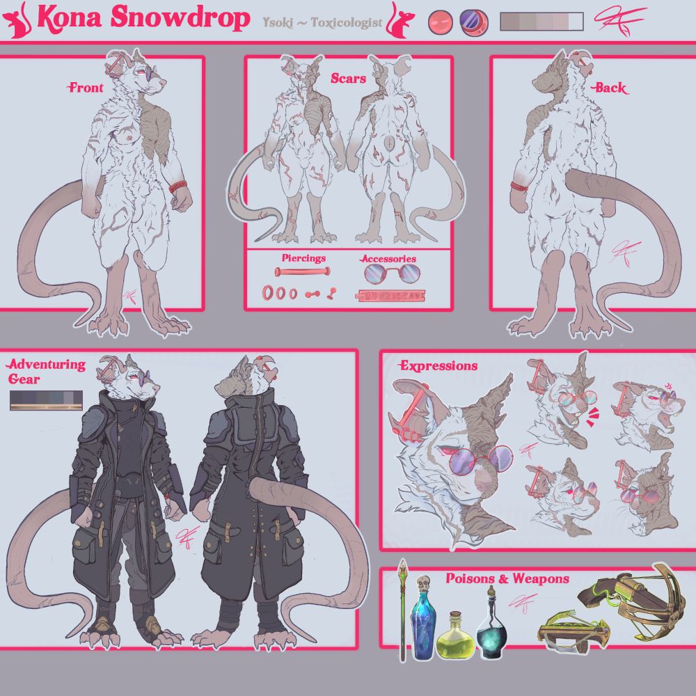Kona Snowdrop the Toxicologist, a pure white furred albino ratfolk man with a large chemical burn scar across right half his face, chest, arm and shoulder. Several healed scars all across his body head to toe, clearly a seasoned adventurer. Pure red eyes with no pupils, large round tinted purple spectacles rest on the side of bridge of his muzzle. Several different expressions showing him happy, laughing, angry, sad and unamused. A full body drawing of Kona standing with his several different layers of grey and desaturated blue leather armor for protection when he is out adventuring. Two wooden crossbows are shown in the bottom right, made of copper and a dark red wood. a small green tube full of poison to apply to crossbow bolts. 