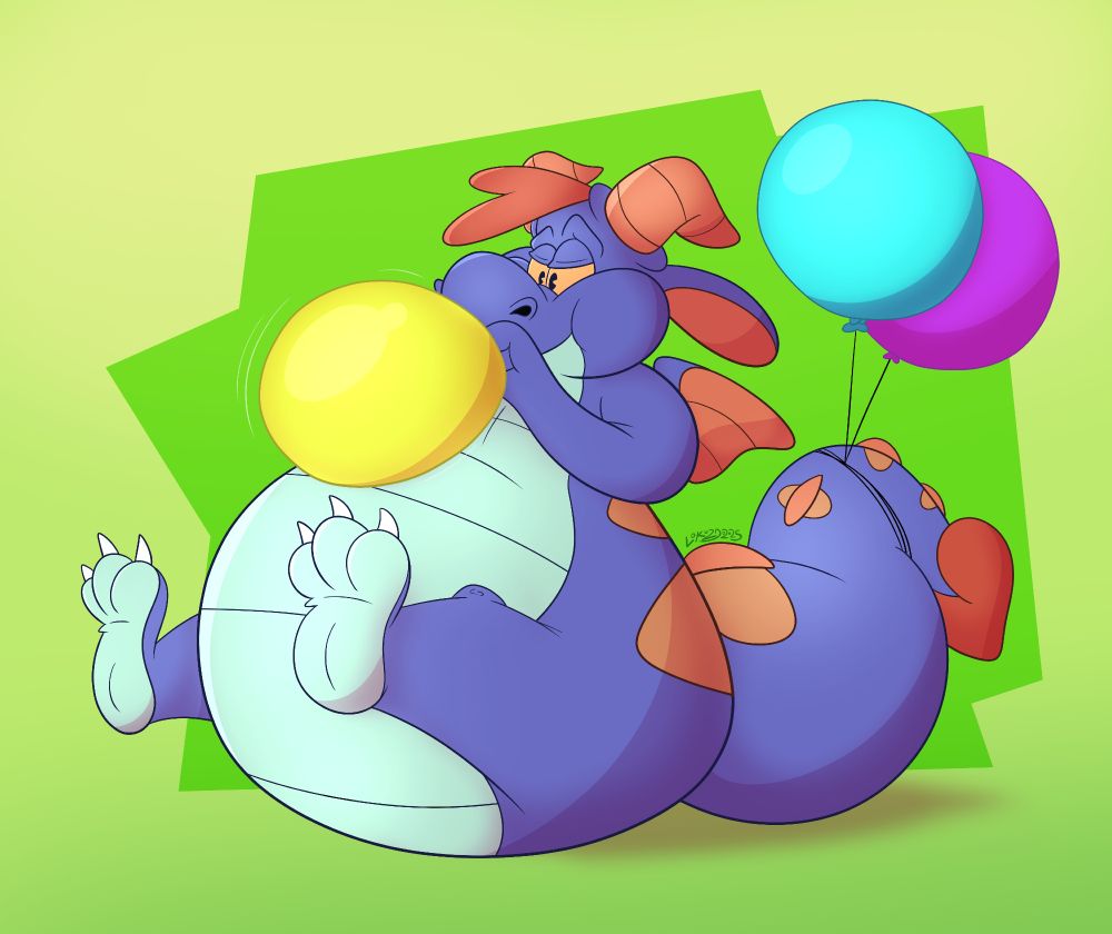 A bloated dragon blowing into a balloon with other balloons tied to its tail.