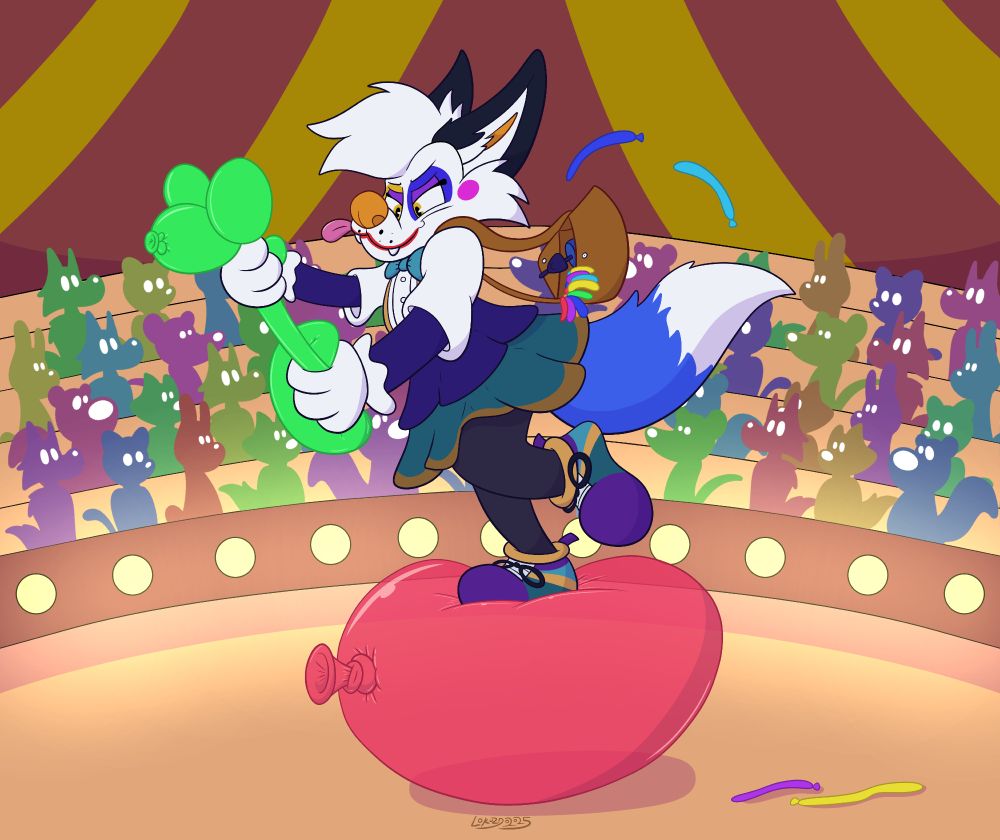 A clown fennec, with a bag full of modelling balloons, tying a balloon animal (I think it's a giraffe) while balancing on a large inflated balloon. They are performing in front of a crowd in a circus.