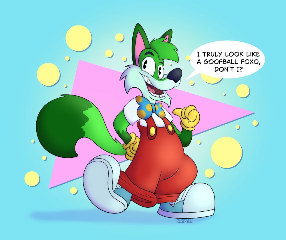 A green fox wearing an outfit like Roger Rabbit's, with red overalls, yellow gloves, and a polka-dot bowtie. They are posing in front of a 90s-inspired backdrop, pointing at themselves.

"I truly look like a goofball foxo, don't I?